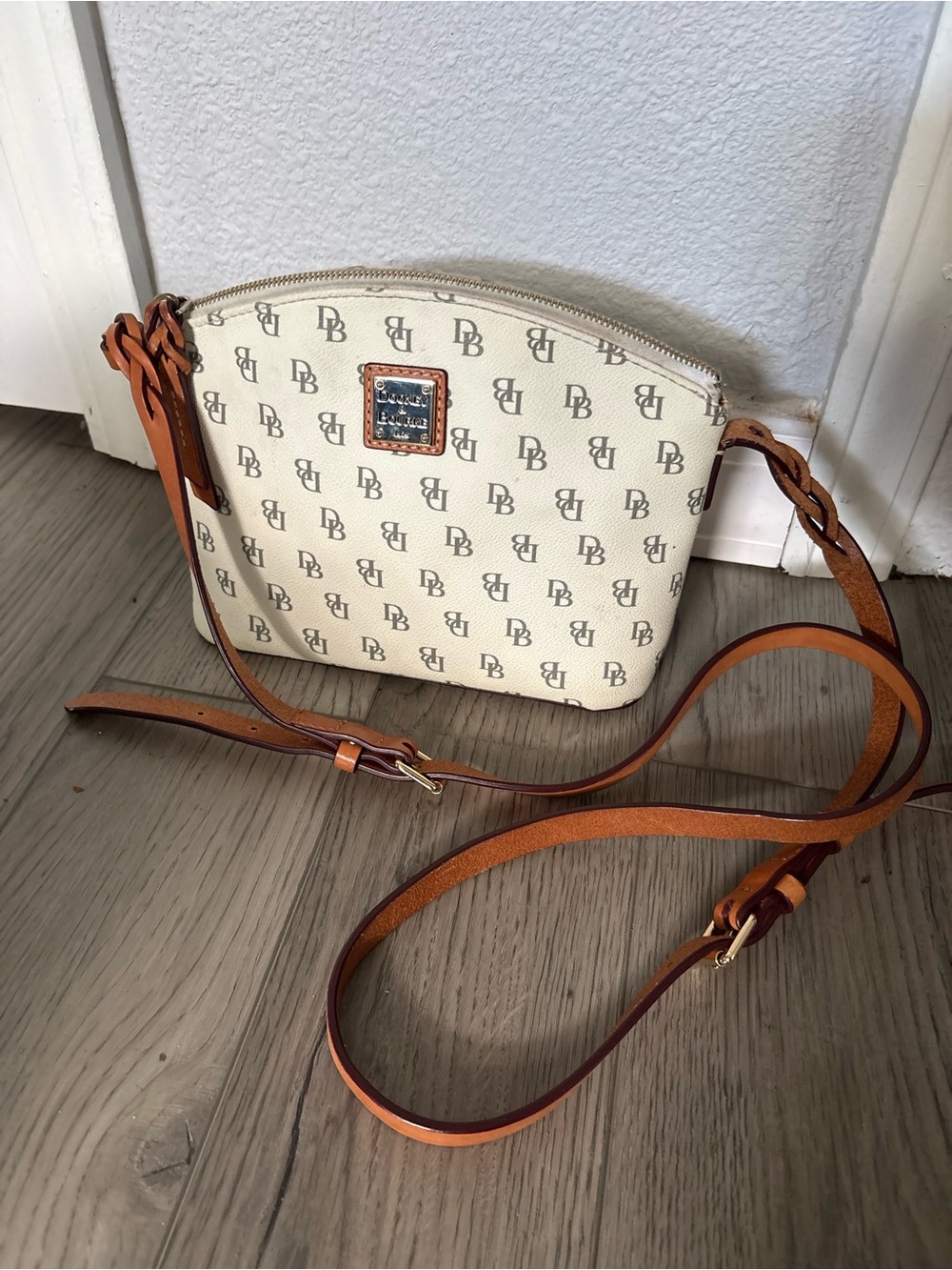 Dooney & Bourke Cream Signature Crossbody with Tan Leather Strap